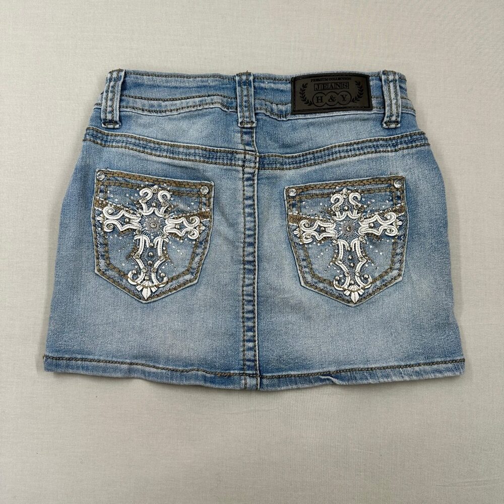 Y2K H&Y Light Blue Embroidered Denim Skirt Crystal Rivets Size 1/2